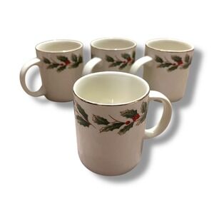 NIB 4 Christmas Mugs Porcelain Holly Leaves Berries 22K Gold Rim Set